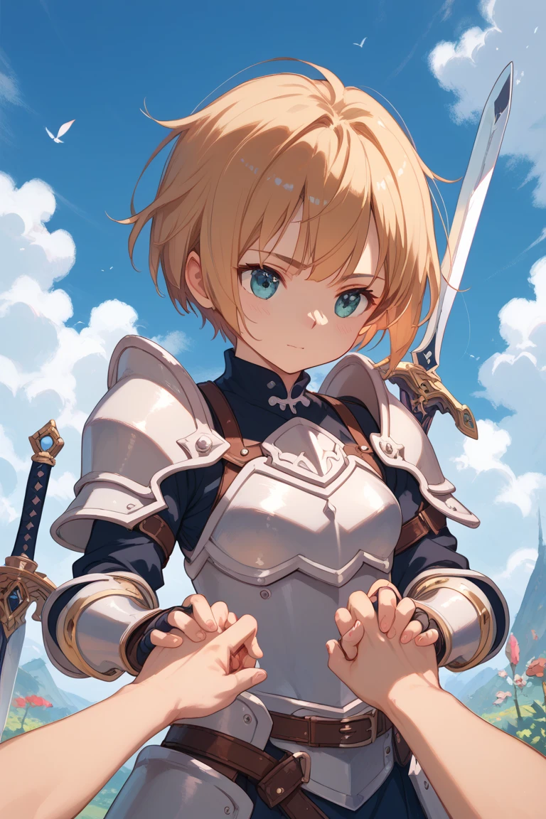 (masterpiece:1.2), (highest quality:1.2), perfect eyes, perfect face, perfect lighting, middle ages, city, 1 girl, clear　blonde　((((((hair over one eye)))))), Braid Styles, spiked hair, blunt bangs, bob hair, a braid, Ahoge　red eyes, (((white bikini armor))), cute eyes, medium breast, , vivid description, ((abedium breast, high position, Vivid depiction, ahegao, closed mouth, Are standing (tooth), (face close up:1.2), smile, white clothes　Thighhighs, skirt, (((from below)))