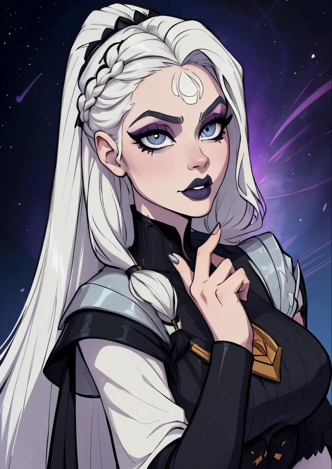 masterpiece, best quality, 1female, beautiful, face portrait, deep makeup, 1girl, face focus, long hair, white hair, goth, diana \(league of legends\), deep eyeshadow, makeup, lipstick, pale skin, straight hair, gray eyes, braided hair, nyantcha