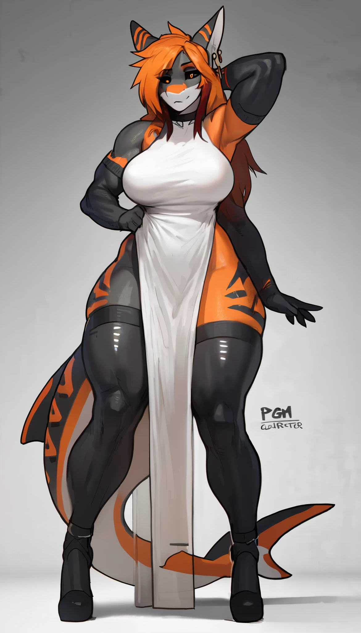 solo, black and orange shark, choker, lipstick, black sclera, machine, cyber, synthetic, artificial ,glowing details, wearing dress, epic dress, hair highlights, orange hair, sexy pose, thigh highs, motherly figure, thick hips, curvy figure, perfect anatomy, masterpiece, sexy pose, long hair, tattoos, thick thighs, wide hips , big breasts, amazing shading, full body, detailed hands, detailed eyes, detailed face, detailed arms,anthro, muscular, (detailed:1.5), great character design, character concept, earrings, by pgm, by notglacier, by SligarTheTiger, by honovy, solo, centered, character focus, masterpiece, 8k