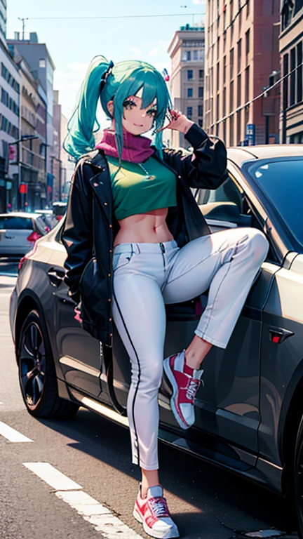 anime style, a female character drawn with a vibrant and colorful artistic approach. She is perched on the hood of a luxury car, which is located on a city street, indicating movement or pause in the dynamic urban environment. 

Details of the character include her long hair, her large and expressive eyes, colored a light blue-green, she has an exaggerated smile, which adds to her lively and enthusiastic attitude. 

She is wearing casual yet fashionable clothing. Her top is a black zip-up jacket, and she is wearing white trousers. Her footwear consists of white sneakers, which give a sporty, yet elegant feel to her outfit. An accessory that looks like a scarf or clothing, is draped around her neck, which adds a pop of color and contrast to her dark jacket. 

The character is positioned on the hood of the car, her hands placed on either side, which indicates a sense of balance and calm.