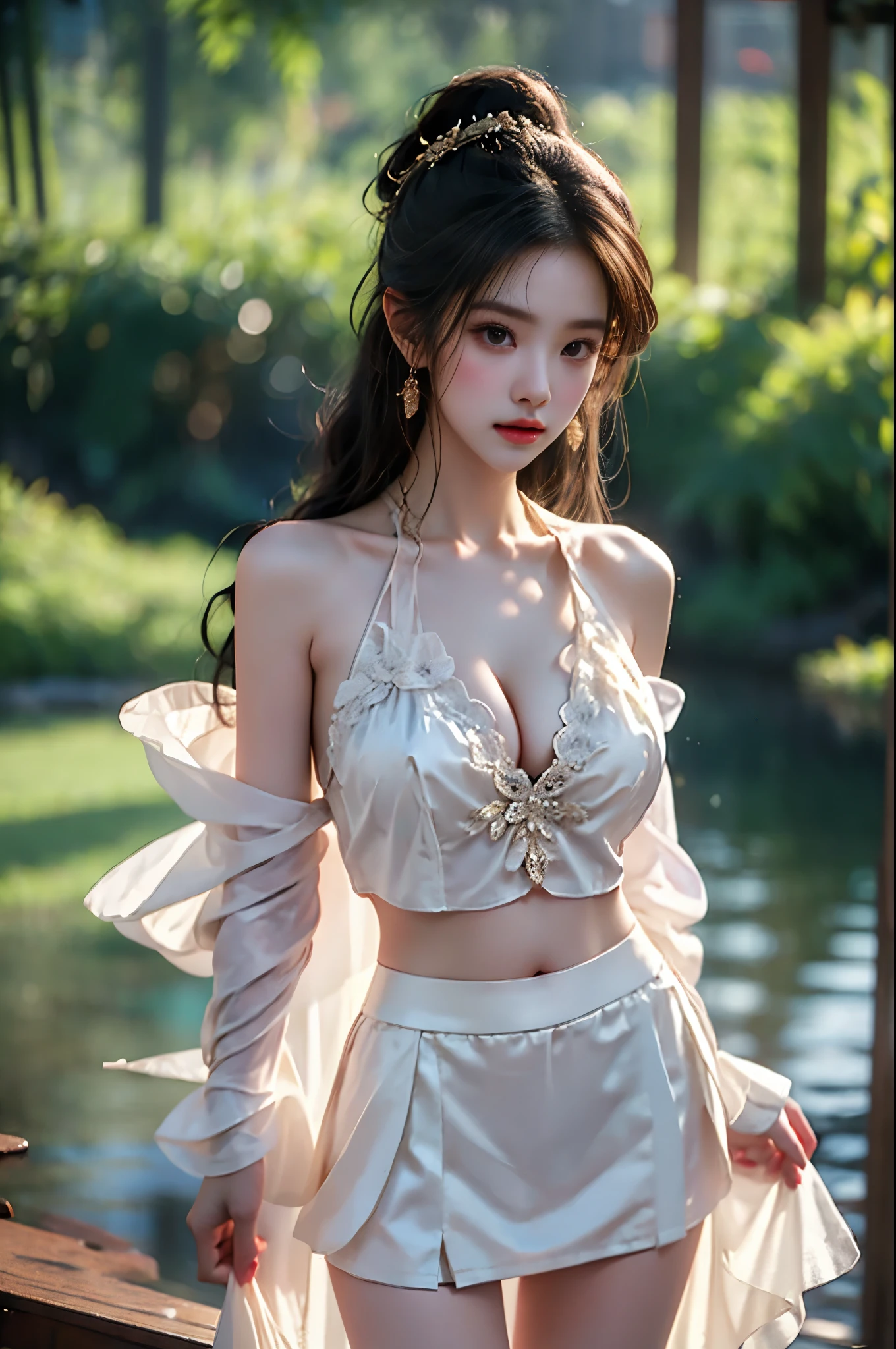 (((best quality))),(((ultra detailed))),(((masterpiece))),illustration,((1 beautiful girl,solo,korean princess)),((see through gorgeous beige sheer hanbok)),((slim,thin)),(gigantic breasts:1.5),(towering chest:1.5),bun hair,((city streets,night scene)),delicate features,(traditional jewelry,earrings,necklace),modernity,tranquility,vision of beauty,((standing,upper body,slender legs,from front,arms behind back)),((The background is a tall building filled with neon billboards)),(surrounded by crowded crowds:1.3)