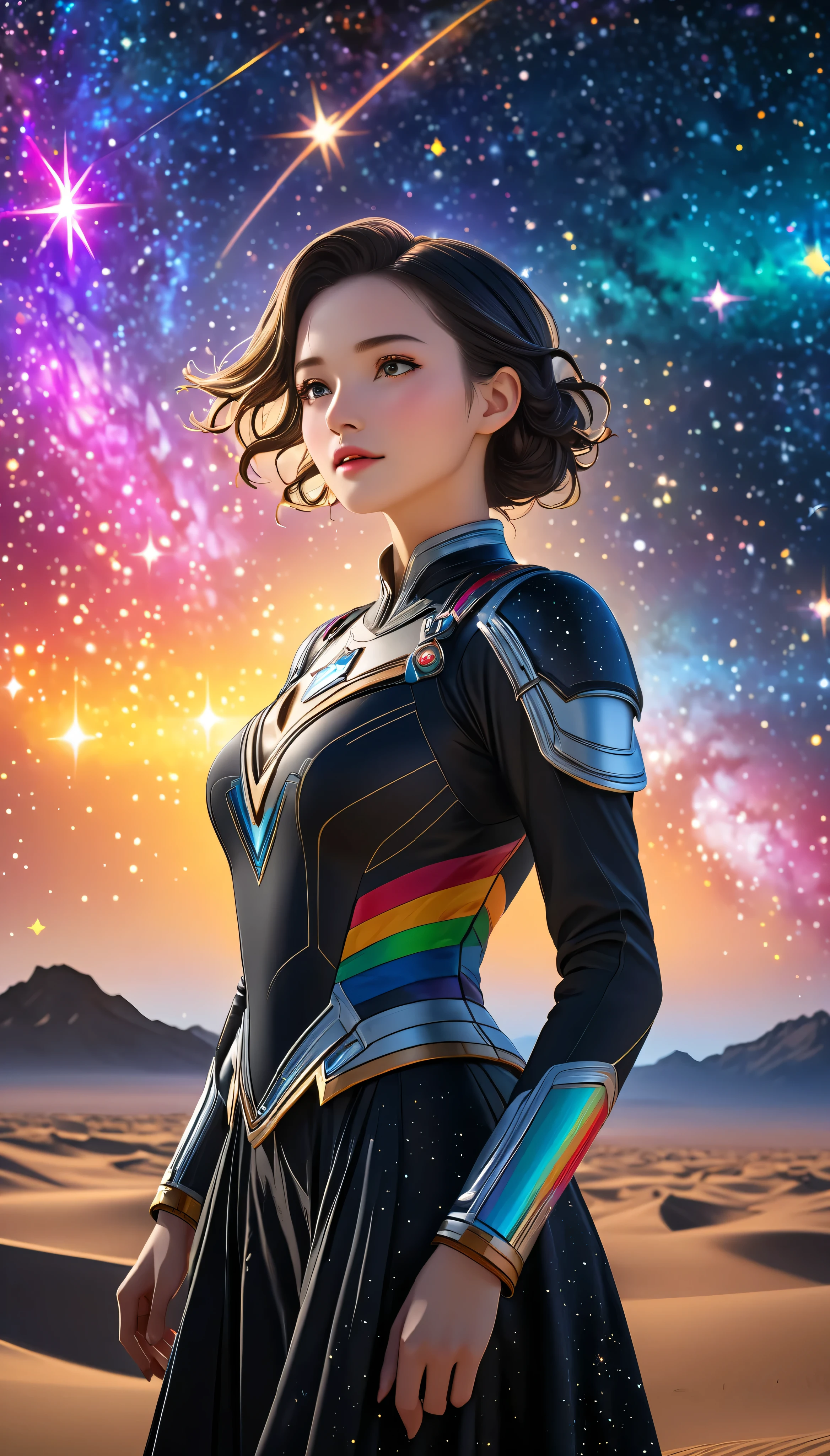  highdefinition images , Black Widow full body highdefinition images , An image of arriving at a colorful star ,  cinematic 4K facial details  , Woman Across the Stars 、Awarded at cgsociety,  photos taken for the film 