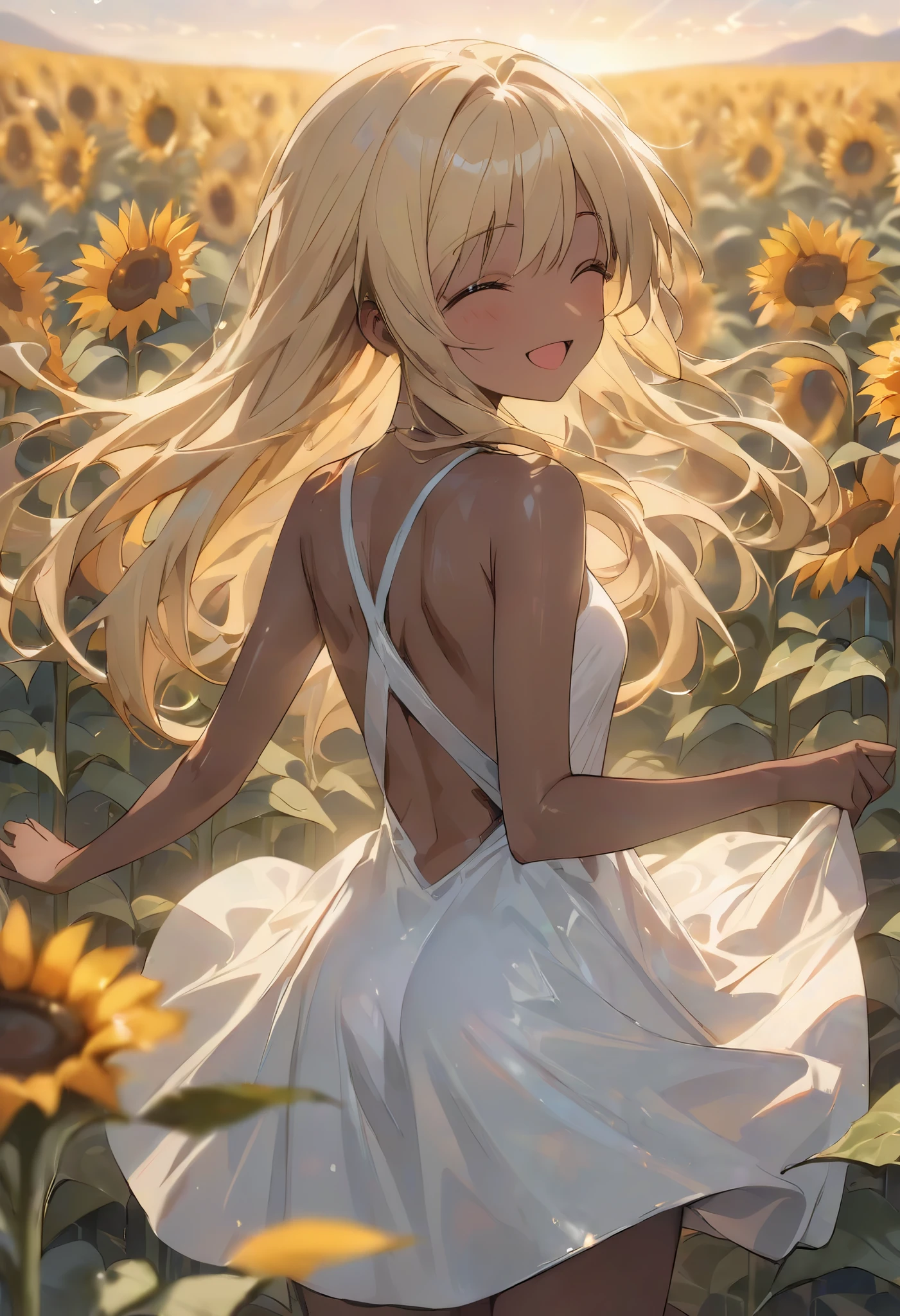 ((masterpiece, best quality, extremely detailed, absurdres)),in vast sunflower fields,dusk,cinematic lighting,1girl,from back,looking at viewer,blonde long hair,airly hair,(brown skin,shiny skin),big smile,closed eyes,open mouth,airly white one-piece dress,