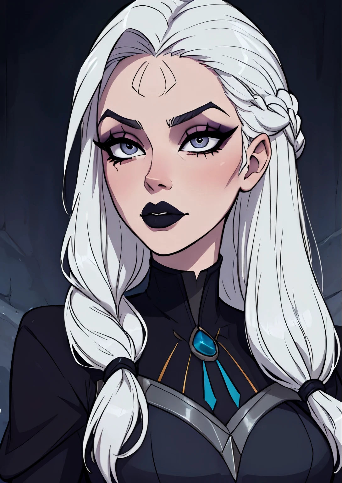 masterpiece, best quality, 1female, beautiful, face portrait, deep makeup, 1girl, face focus, long hair, white hair, goth, diana \(league of legends\), deep eyeshadow, makeup, lipstick, pale skin, straight hair, gray eyes, braided hair, nyantcha