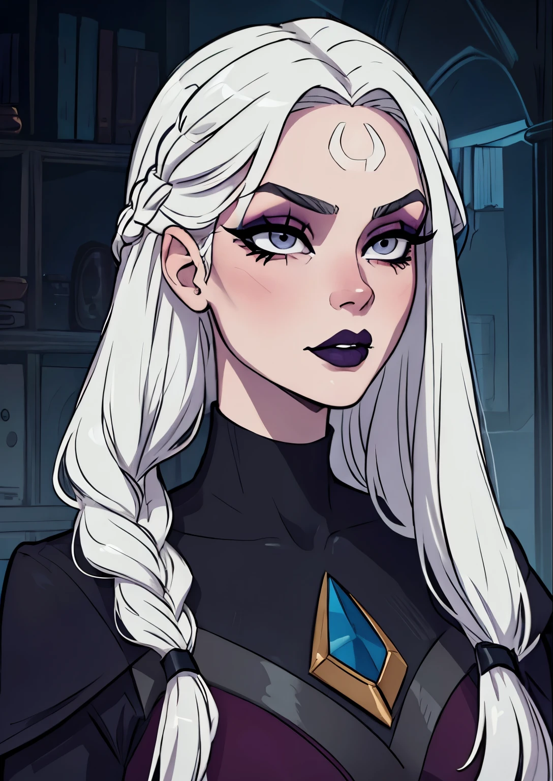 masterpiece, best quality, 1female, beautiful, face portrait, deep makeup, 1girl, face focus, long hair, white hair, goth, diana \(league of legends\), deep eyeshadow, makeup, lipstick, pale skin, straight hair, gray eyes, braided hair, nyantcha