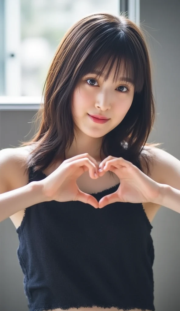      Wear an attractive camisole and pose with your hands in the shape of a heart in front of your chest、1 Cute Smile Up 、  The background is plain、  HD、細部にわたって HD 