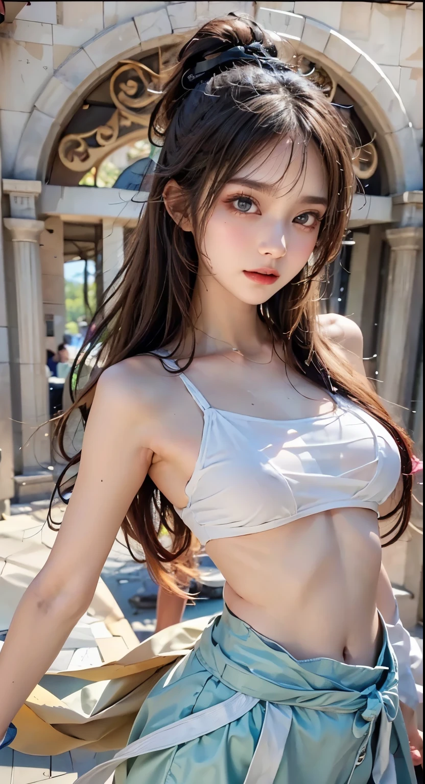 Realistic photos、Pay attention to the cute high school girl's face、bikini、Beautiful way to sit , Sit well, Taken from the opposite seat, skirt, High heels, pantyhose, White lace panties, Surprised expression, Perfectly styled long hair, Pearl Necklace. Sexy and cute schoolgirl standing next to the pool, ゴージャスなモデルのbikini,