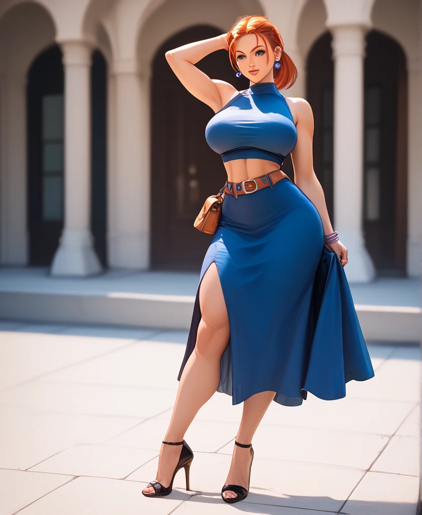 Full body shot, curvy thick body, large full natural breasts, redhead, Jessica Albert, miniskirt, extremely low-cut sleeveless top, high heel shoes