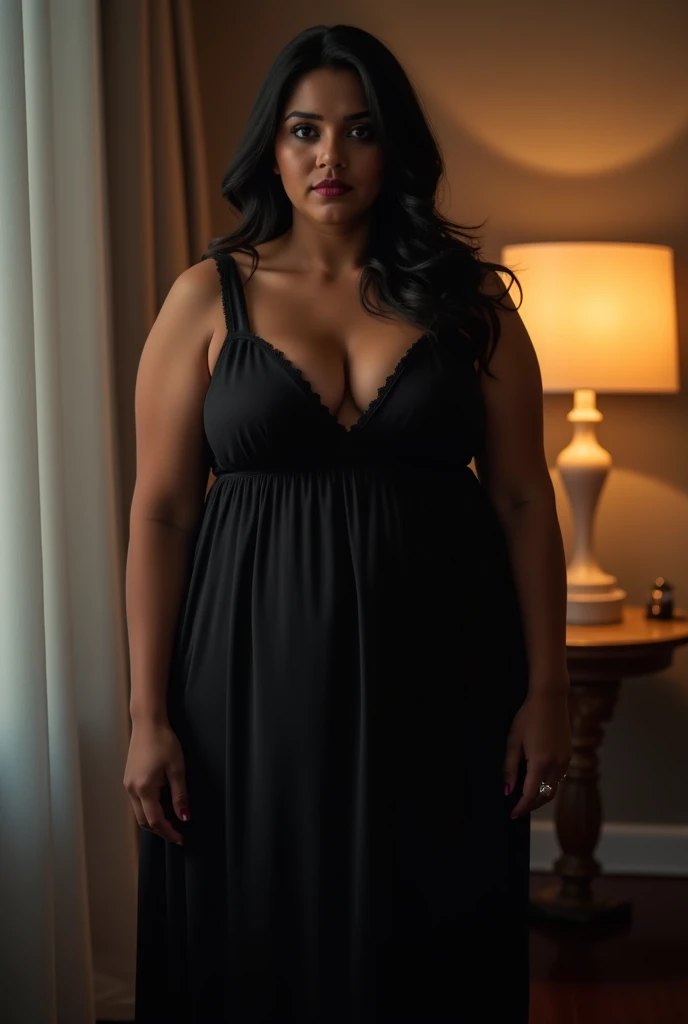 A chubby malay woman, messy hair, huge breasted, sensual expression, wearing knee-lenght black nightgown. Selfie in the dim light bedroom as background detail. look at the viewer, natural light, realistic photography, wide angle shot.