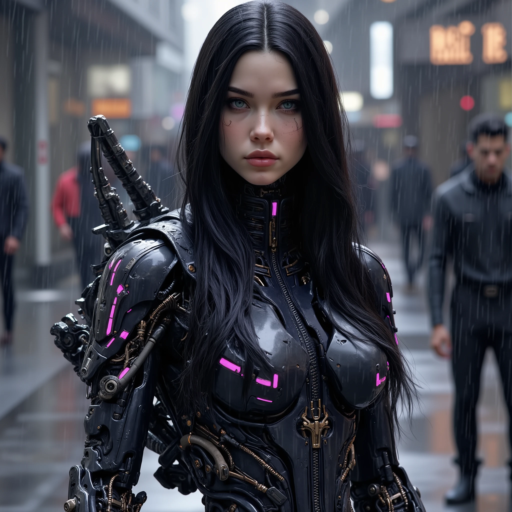 photorealism:1.2), character 1: korean girl, long black hair, massive boos, big boobs, black leather jacket, android body, black robotic arms, black robotic legs, purple glowing details in amrs, glowing purple details on kegs, serene face expression, background, sci-fi base, less robust, HD