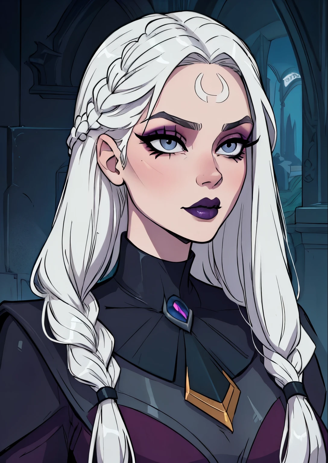 masterpiece, best quality, 1female, beautiful, face portrait, deep makeup, 1girl, face focus, long hair, white hair, goth, diana \(league of legends\), deep eyeshadow, makeup, lipstick, pale skin, straight hair, gray eyes, braided hair, nyantcha