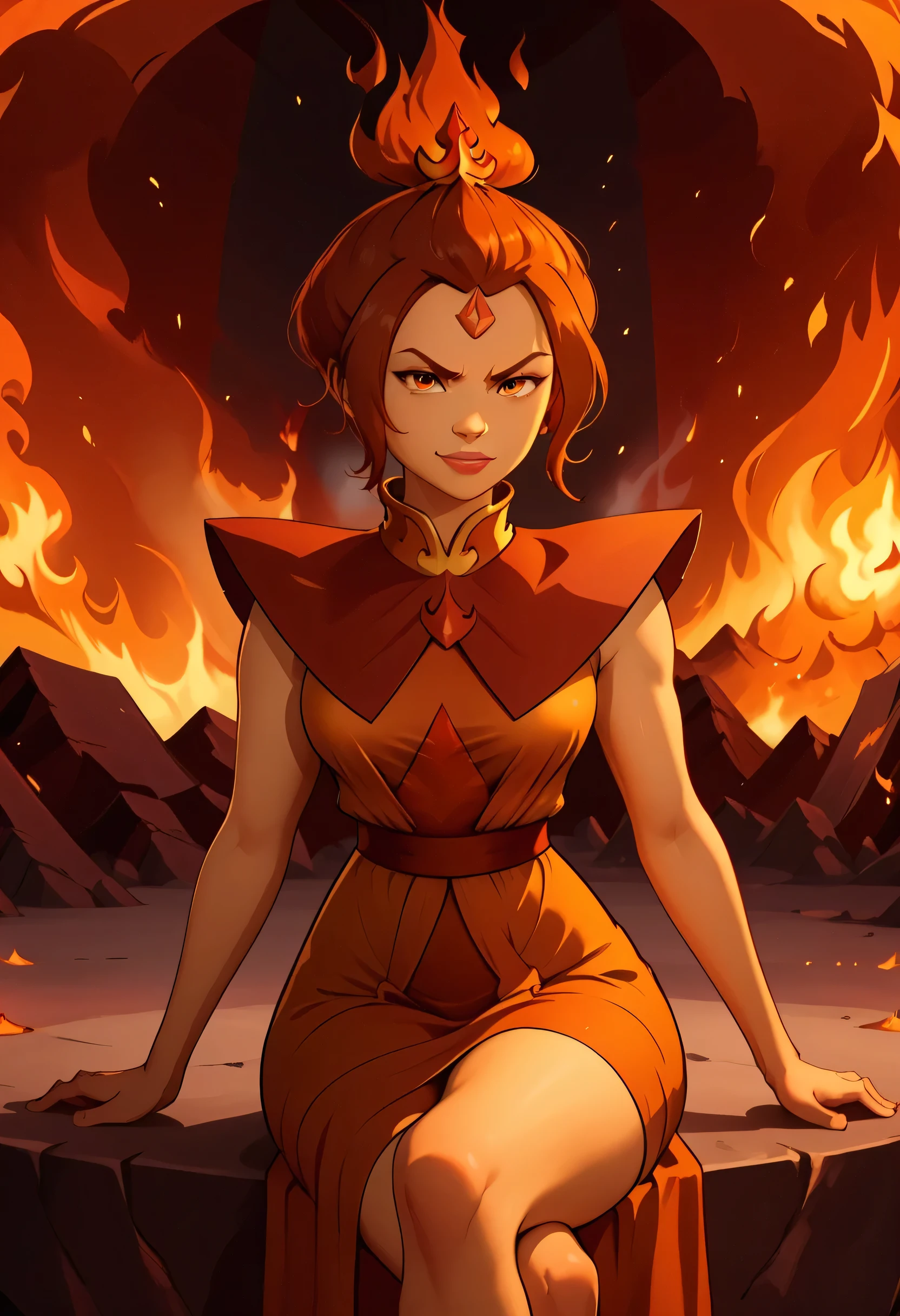 semi-realistic, A gleaming ruby or stony throne with a being that looks like a alluring fire elemental woman on it. There's what looks like molten lava surrounding the throne and her lower and upper body looks like fire. Unity Render, Unreal Engine 5, Aesthetically-pleasing, Amalgamated Crossover character, combined, fused persona, Azula Looks like Flame Princess, Flame Princess Looks like Azula, Amalgamation character, solo, female, perfect face, Forehead Jewel, attractive face, short hair made of fire, Azula's hairstyle, Tiara, top bun made of fire, ornate clothing, from the Fire Nation, Avatar: The Last Airbender art style, Adventure Time art style, collaboration art style, commissioned fanart, character artwork, focus on character, epic inside of a volcano-themed background (with swirled flames), concept art, crossover artwork, white outline, black outline, double outlines, heavily outlines, perfect coloration, detailed hands, firm fingers, mouthing the words "come here", plenty of fire magic, orange flames, body made of flames, sultry facial-expression, slight smirk, come hither expression and pose, flame skin, skin made entirely of flames and fire, serious look, inspired by Ember, fire elemental, Princess of flames, fine detail, creative crossover artwork, flame effects, fire effects, surround by flames, flame and fire aura, determined and sensual eyes, focus on making very-detailed face and eyes, eye symmetry, face symmetry, epic scene, fire and flames in the background, humanoid, monster girl, flame elemental, sexy, alluring, sultry lips, sexy MILF, large breasts, heavy-hanging breasts, jewels over nipples, nipple outline visible, Wings made of flames, runic, glowing runes on the throne, sitting, crossed legs, sexy legs, one leg out, dress with a side-slit, Outer Glow, and Drop Shadow, dramatic shadows, cinematic, high-budget movie_quality,, top-rated, top-tier artwork, score 9 and up, score 8 and up, made by artists who are the masters of their craft.