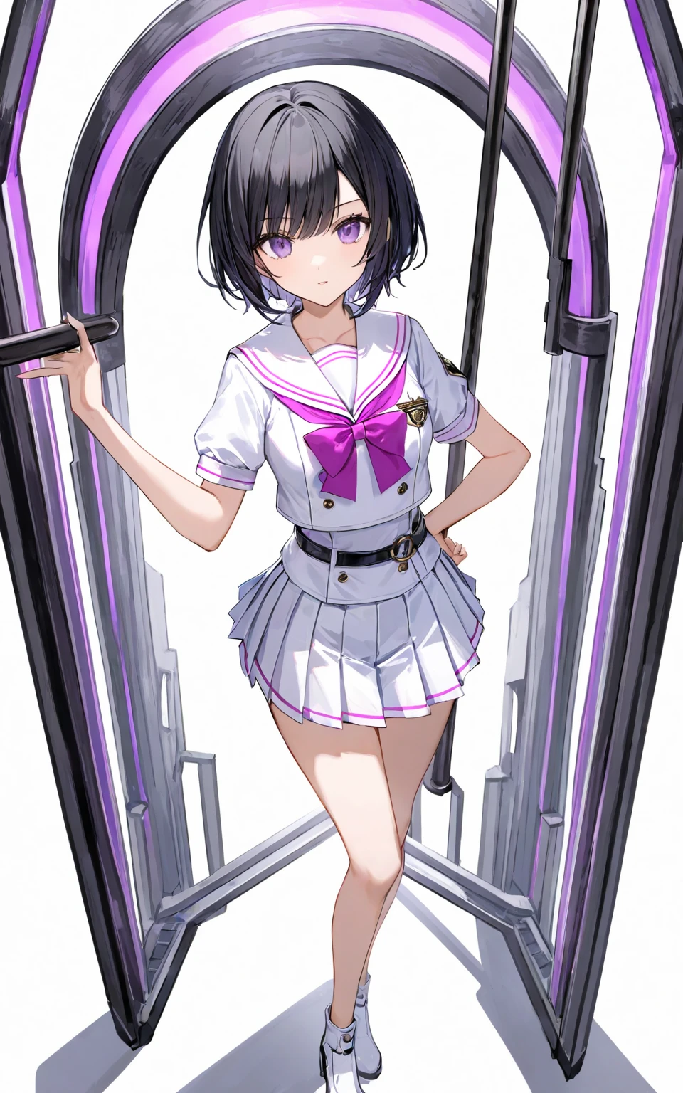 1Royal sister，Royal sister，Big Sister，Black Hair，Full body portrait， no background ，Short hair，Purple Eyes，White sailor suit，Short sleeve，Short pleated skirt，One-handed iron bar，One hand on waist，Standing picture， white background， Tomorrow's Ark