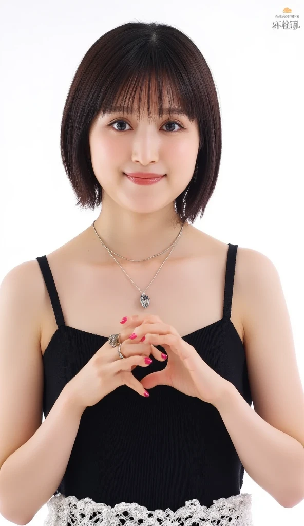       Wear an attractive camisole and pose with your hands in front of your chest in the shape of a heart、 Cute Smile Up、  The background is plain、  HD、細部にわたって HD 