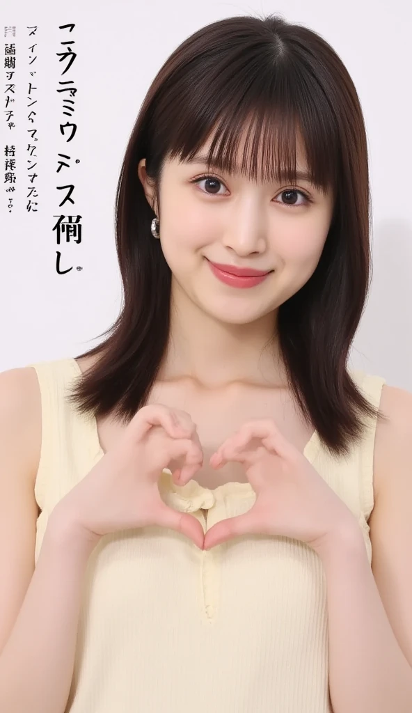      Wear an attractive camisole and pose with your hands in the shape of a heart in front of your chest、 Cute Smile Up、  The background is plain、  HD、細部にわたって HD 