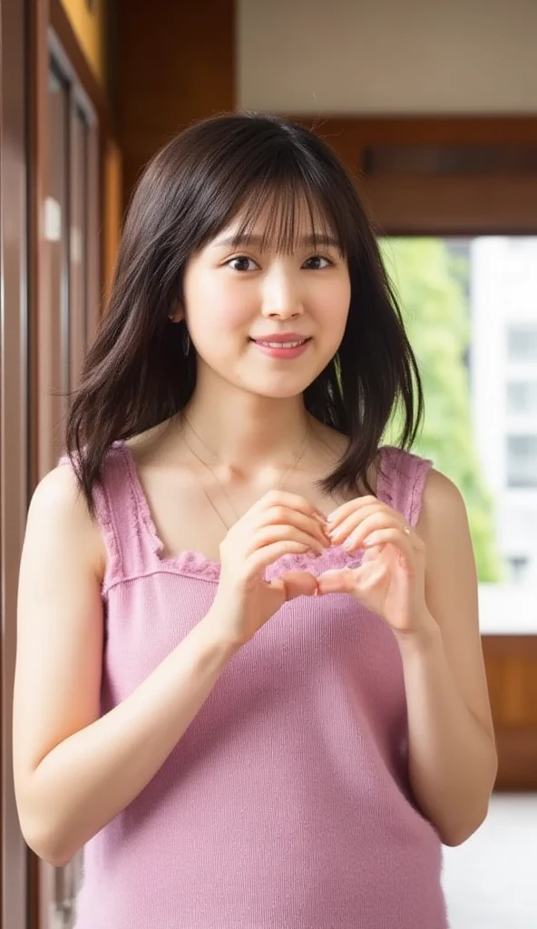      Wear an attractive camisole and pose with your hands in the shape of a heart in front of your chest、 Cute Smile Up、  The background is plain、  HD、細部にわたって HD 