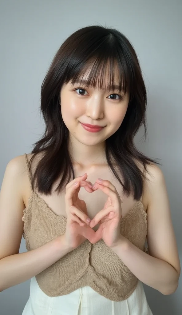 She wears an attractive camisole and poses with her hands in front of her chest in the shape of a heart、 Cute Smile Up、  The background is plain、  HD、細部にわたって HD 