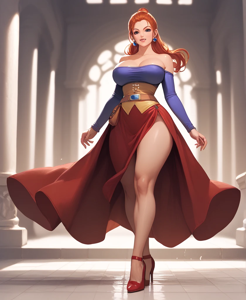 Full body shot, curvy thick body, large full natural breasts, redhead, Jessica Albert from Dragon Quest 8, high heel shoes