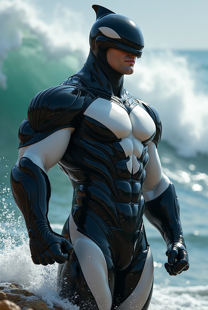 Man in dark black standing by the sunny sea, muscular man, American round inch, Buzz cut, muscular! Tall and burly, wearing black sunglasses, round-inch Buzz Cut, stealth suit, symmetrical pattern texture design, best picture quality and resolution, black boots, attractive strong male, weaving sunlight shining through the clouds, Li Poxiao