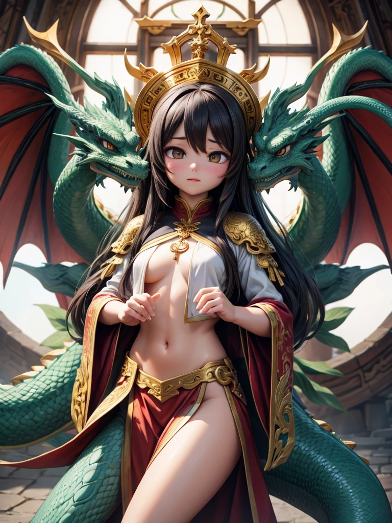 cute Tsukuyomi and Amateratsu perfect goddess with dragon lord , wonderfull, realistic moon and sun background, with alot of details, , 4k realistic, lovely, sexy