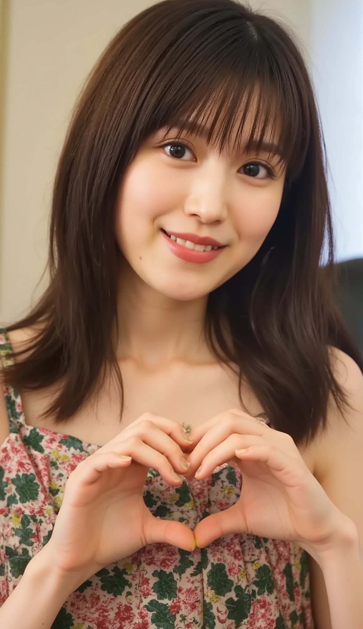 She wears an attractive camisole and poses with her hands in front of her chest in the shape of a heart、 Cute Smile Up、  The background is plain、  HD、細部にわたって HD 