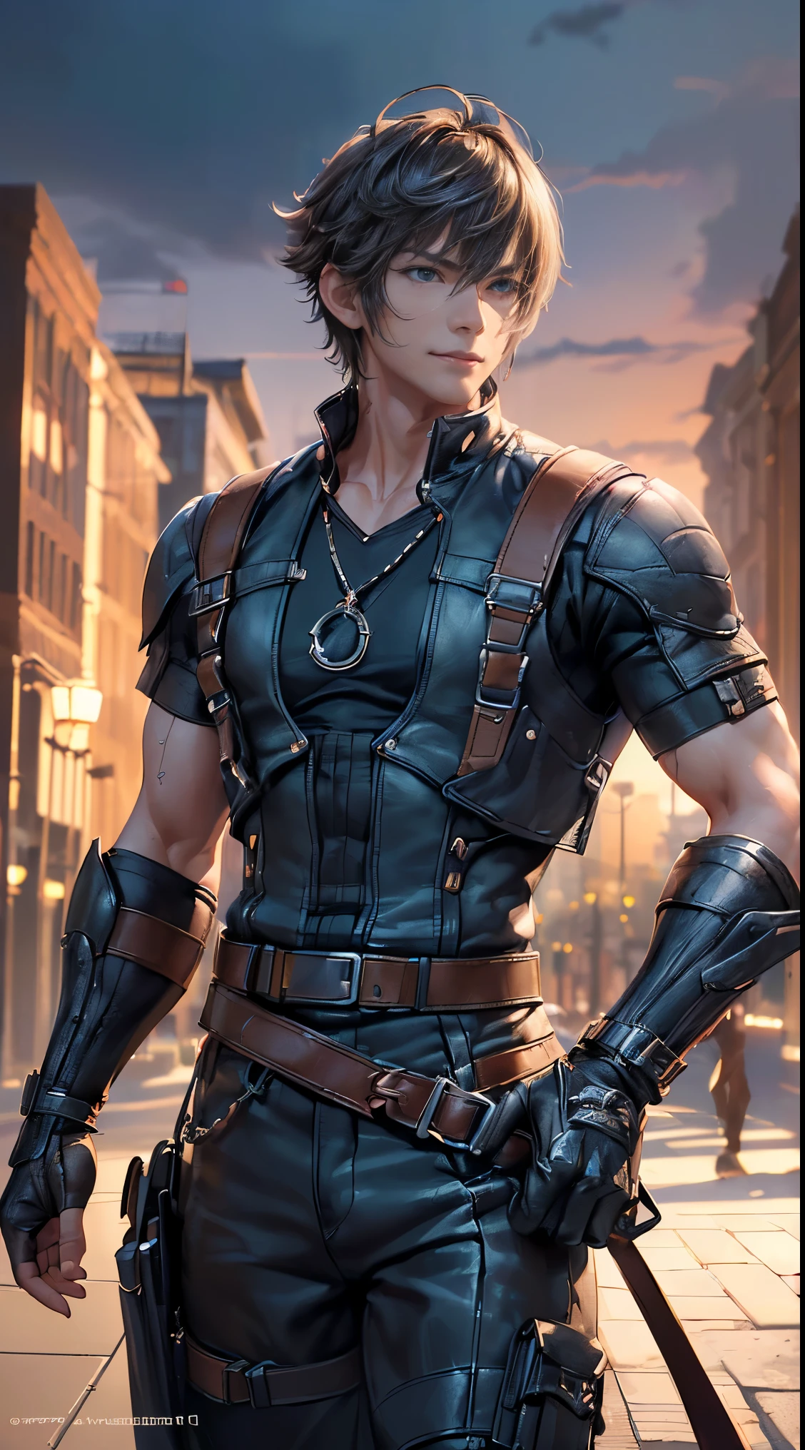 1 adult man, with golden eyes, Reno in Final Fantasy, smile and narrow his eyes, handsome, with very short red hair (slicked back hairstyle) and a white shirt, handsome and muscular guy in demon slayer art, mechanic machine cyborg fusion, gear strive graphics, realistic, dynamic pose, realistic, detailed and correct facial structure, blades ornaments, attractive, cinematic lighting, unreal engine, trending on ArtStation, intricate details, masterpiece, best quality, by Irakli Nadar, Greg Rutkowski，(((best quality))),(((ultra detailed))),(((masterpiece)))
