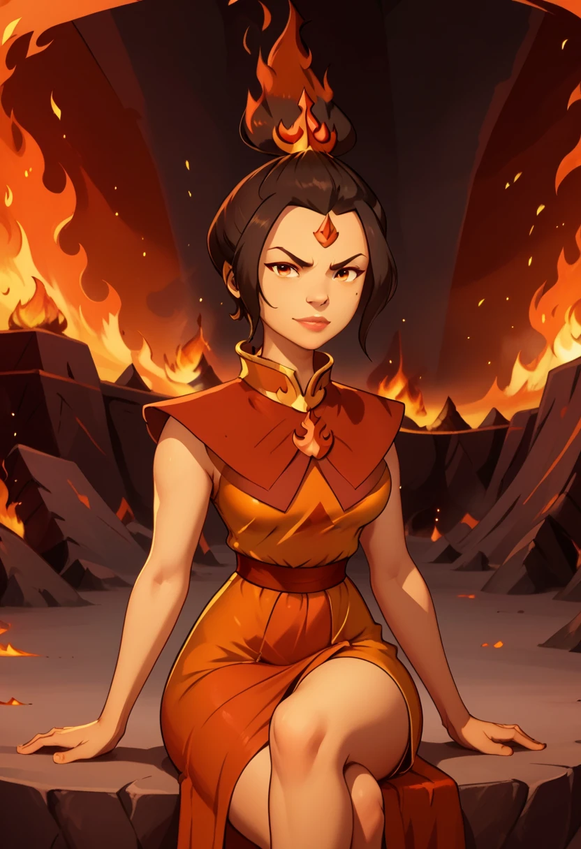 hyper-realistic, A gleaming ruby or stony throne with a being that looks like a alluring fire elemental woman on it. There's what looks like molten lava surrounding the throne and her lower and upper body looks like fire. Unity Render, Unreal Engine 5, Aesthetically-pleasing, Amalgamated Crossover character, combined, fused persona, Azula Looks like Flame Princess, Flame Princess Looks like Azula, Amalgamation character, solo, female, perfect face, Forehead Jewel, attractive face, short hair made of fire, Azula's hairstyle, Tiara, top bun made of fire, ornate clothing, from the Fire Nation, Avatar: The Last Airbender art style, Adventure Time art style, collaboration art style, commissioned fanart, character artwork, focus on character, epic inside of a volcano-themed background (with swirled flames), concept art, crossover artwork, white outline, black outline, double outlines, heavily outlines, perfect coloration, detailed hands, firm fingers, mouthing the words "come here", plenty of fire magic, orange flames, body made of flames, sultry facial-expression, slight smirk, come hither expression and pose, flame skin, skin made entirely of flames and fire, serious look, inspired by Ember, fire elemental, Princess of flames, fine detail, creative crossover artwork, flame effects, fire effects, surround by flames, flame and fire aura, determined and sensual eyes, focus on making very-detailed face and eyes, eye symmetry, face symmetry, epic scene, fire and flames in the background, humanoid, monster girl, flame elemental, sexy, alluring, sultry lips, sexy MILF, large breasts, heavy-hanging breasts, jewels over nipples, nipple outline visible, Wings made of flames, inspired by Sharon Stone, sitting, crossed legs, sexy legs, one leg out, dress with a side-slit, Outer Glow, and Drop Shadow, dramatic shadows, cinematic, high-budget movie_quality,, top-rated, top-tier artwork, score 9 and up, score 8 and up, made by artists who are the masters of their craft.