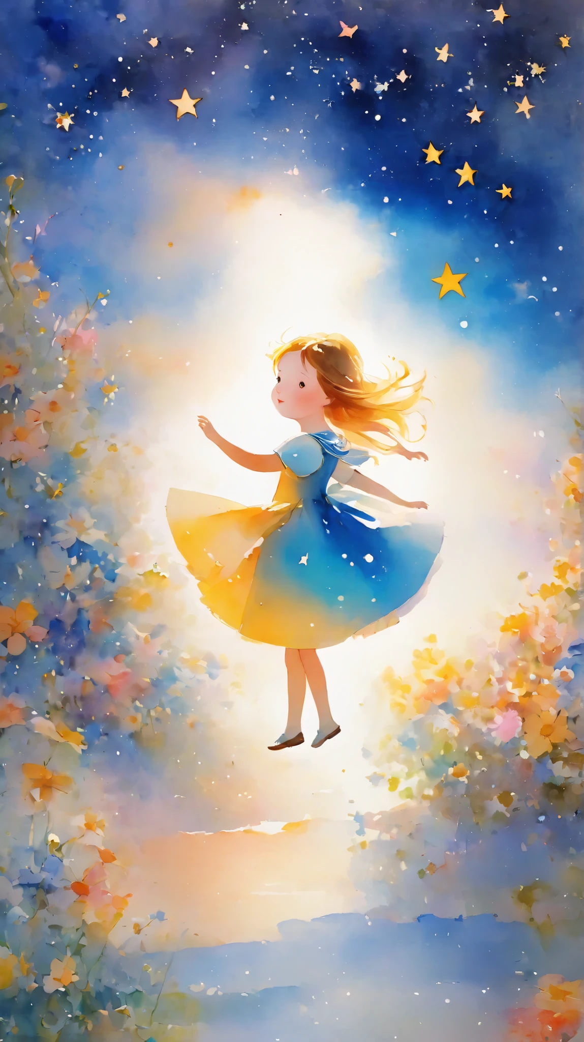 best quality :1.2、Masterpiece:1.2、Girl Riding a Star、★The girl who rides、 Complete anatomy、Picture book illustrations、 Fantastic、 watercolor、 pastel colors、Pale colors