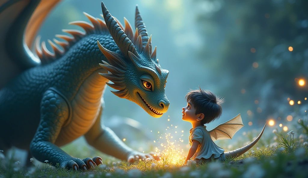 dragon is speaking, and the boy is listening attentively. That moment is magical, as if a certain connection is being established between the two.

maximization:
	• Dragon's Mouth Opened, Talking
• Curiosity in the boy's eyes
• Soft glimmer of ambient light
• The ring: Golden glue, blue, light orangecartoonic style 