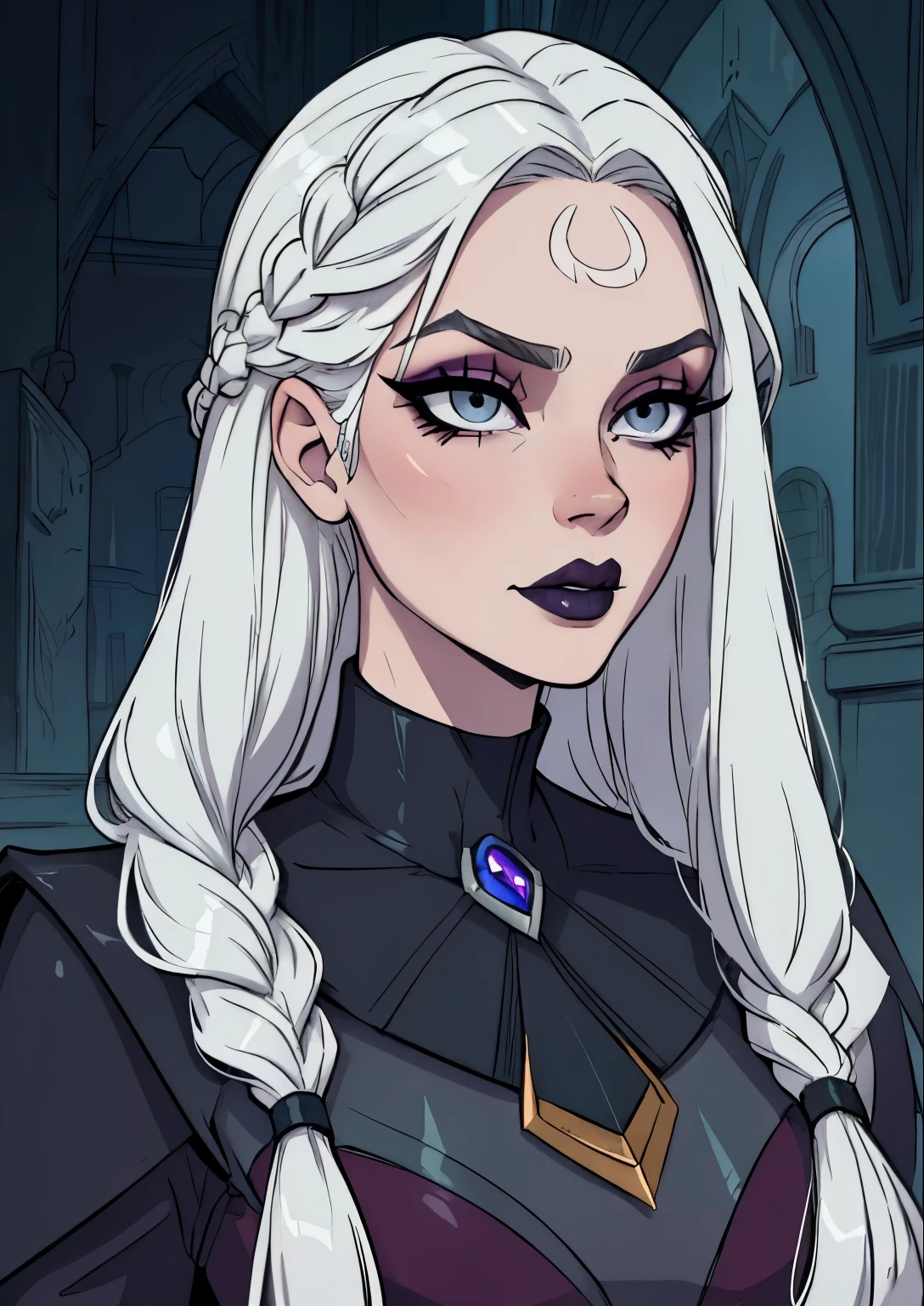 masterpiece, best quality, 1female, beautiful, face portrait, deep makeup, 1girl, face focus, long hair, white hair, goth, diana \(league of legends\), deep eyeshadow, makeup, lipstick, pale skin, straight hair, gray eyes, braided hair, nyantcha