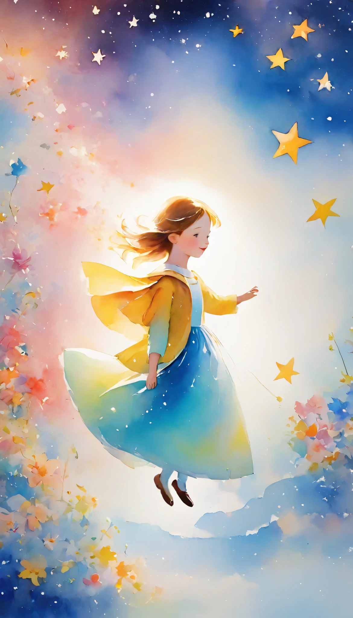 best quality :1.2、Masterpiece:1.2、Girl Riding a Star、★The girl who rides、 Complete anatomy、 and can be used as a LINE icon as a 、Picture book illustrations、 Fantastic、 watercolor、 pastel colors、Pale colors