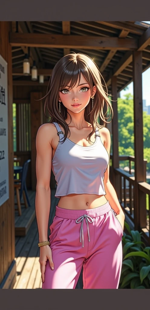 RAW photos, camera gaze, ((top quality, 8k, masterpiece: 1.3)), sharp focus: 1.2, coloured cropped tank top, pretty features, best smile, cute smile, beautiful woman in perfect style: 1.4, slender abs: 1.2, dark brown hair, (natural light, city street: 1.1), highly detailed face and skin texture, detailed eyes, No panties. Naked waist down