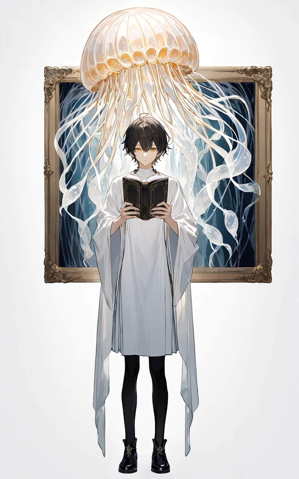 1 young man ，sacred，Holding a book with both hands， white jellyfish head， her golden eyes，Standing picture， white background，Full body portrait， white dress， no background 