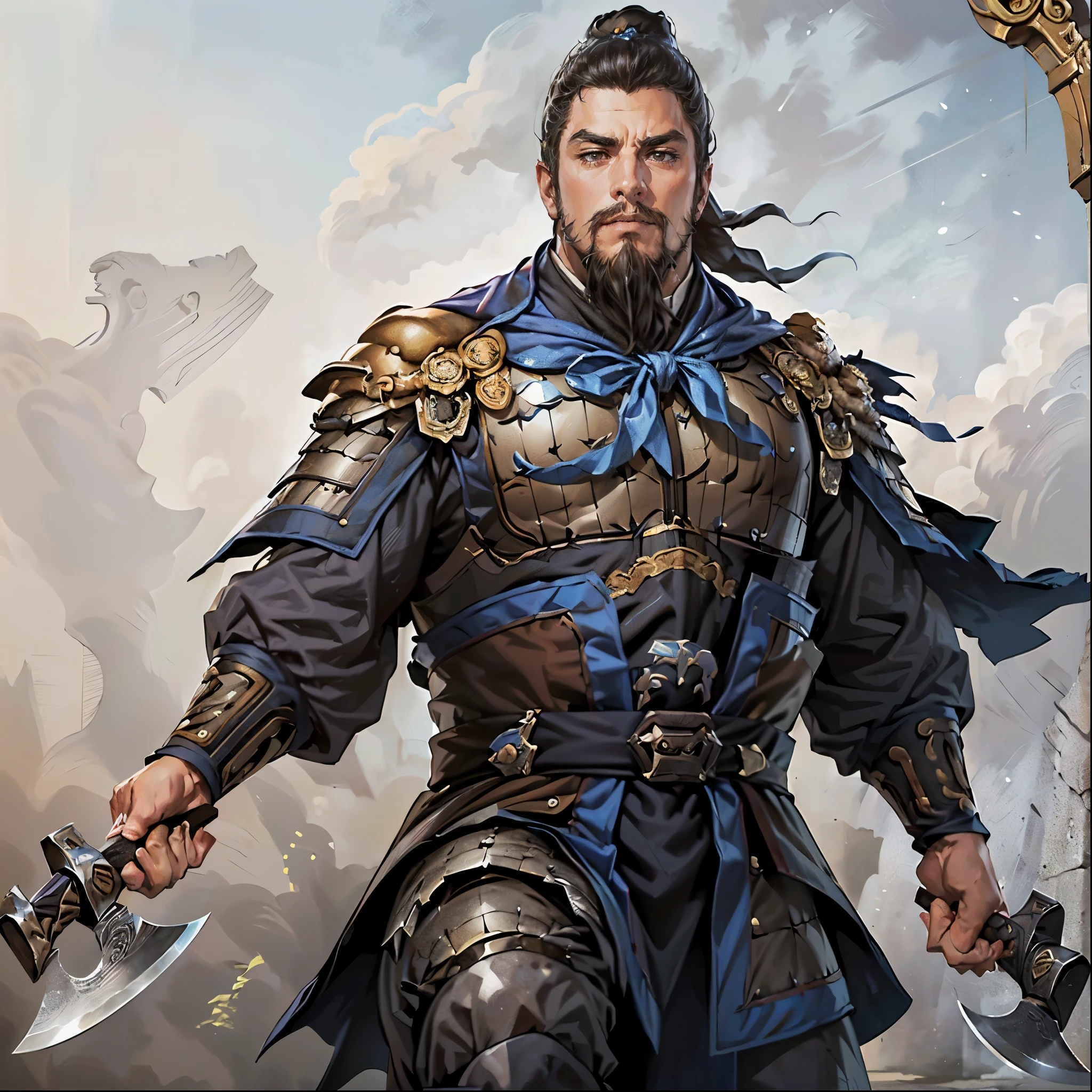 ( best quality ,4K,8k, High Resolution ,masterpiece:1.2),super detailed,(super fine illustration),((( with an axe in both hands drawn in an anime-style illustration))),20 years old,Takasho of the Three Kingdoms ,Expression full of supremacy ,((Beard, large eyebrows )), detailed eyes :1.2, perfect eyes,((Find your opponent with dark eyes )),(Thick chest plate :1.3, muscularity:1.3, macho:1.2),cinematic lighting, soft shadows,(( Black armor with designs leading up to detailed works of art:1.3,He holds a detailed axe in both hands:1.3)),(( Cowboy Shots :1.2)),(( white background:1.3,simple background:1.2)),(( :1.3,dynamic pause:1.3, depicting everything from the tip of the head to above the knee so as not to be visible:1.3))