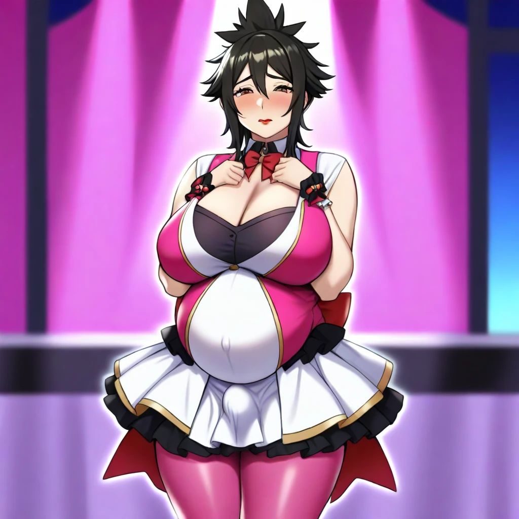 best quality, amazing quality, very aesthetic, absurdres,
Solo, 1boy, mature male, large chest, pregnant, pink idol uniform, stage, idol stage, pink stockings, short hair, spike hair, black hair, brown eyes, red lips, red blush, shy, night, (bulge), 