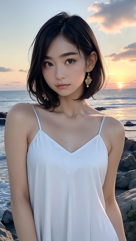 one girl, (12years old:1.4),(Very Young Face), (japan Person famous idol), face, cute face, ash gray hair:1.5, bob hair, short hair, camera's line of sight, small breasts, An ennui look, (((camisole, dress))) , particles of light, sea of ​​sunset, calm sea, white sand beach, very beautiful sunset, RAW photo, highest quality, High resolution, High resolution, masterpiece:1.3, 32k, professional photographer,(Enhances the beauty of skin texture:1.1),((Extremely precise and accurate anatomy:1.0)),Kind eyes,Graceful pose,(Beauty of form:1.4) Golden ratio, big eye,(nature's providence:1.4),