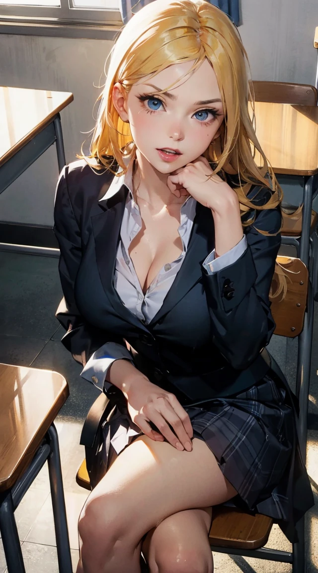 1girl, 26 years old girl, kawaii, wearing white shirt and blue blouse, grey short skirt, open chest shirt, sitting on the table, in classroom, crossed legs, bare legs, (Large C breast: 1.6), cleavage, sexy bra, real skin, realistic skin, pale skin, detailed skin features, detailed skin texture, detailed clothes features, body proportions, voluptious body, ultra-detailed, real face, detailed facial features, long hair, brown hair, hair bangs, realistic hair, detailed hair, beautiful eyes, (brown eyes: 1.4), detailed eyes, closes lips, smile, smiling, gloss on lips, detailed face, high quality, (masterpiece: 1.1), 16k, RAW photography, naturla lightning, (Best Quality:1.4), 8K resolution,  (Photorealistic, High resolution:1.4), (Realistic, Photorealistic:1.37),