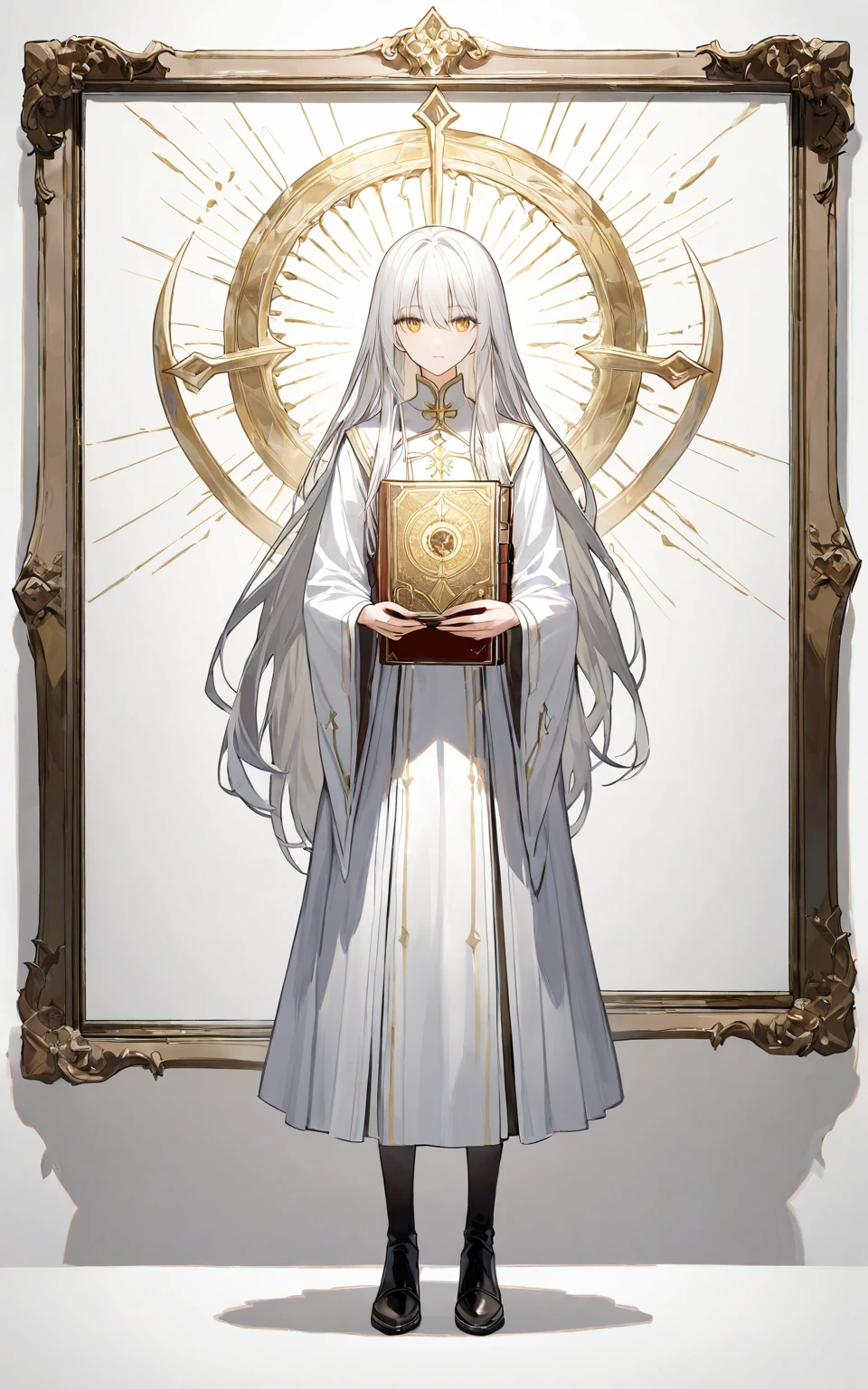 1 young man ，sacred，Holding a book with both hands， White Long Hair ， her golden eyes，Standing picture， white background，Full body portrait， white dress， no background 