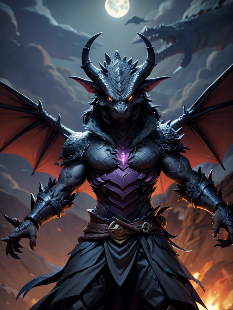 Dragonborn, wings, male, scaly body, muscular, big wings on his back, glowing eyes, using magic, clothes