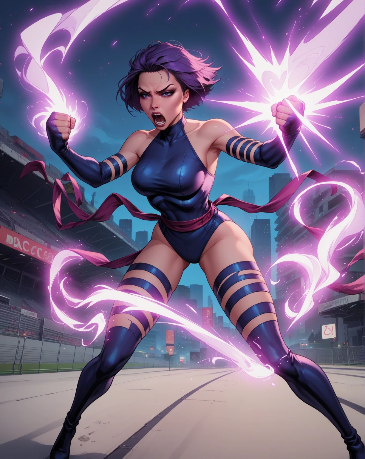 score_9, score_8_up , score_7_up ,score_6_up , score_5_up , score_4_up  ,  1girl , Alone, 
 big breasts,
psylocke_DG,  short hair,  purple hair , belt,
 half-closed eyes ,  presumptuous,
Energy Sword, magic, aura,
clenched hands,
underneath, high neckline,  high boots ,  bridal mittens,  purple tights , track, Looking at the observer,
 city, urban landscape, night, neon lights,
 light particles .
 She stands in the center of the image ,  with her arms outstretched and her head tilted back ,  as if screaming or screaming .  Her body is muscular and toned ,  with a fierce expression on the face .  The background is filled with explosions and sparks , creating a chaotic and dynamic scene. 
