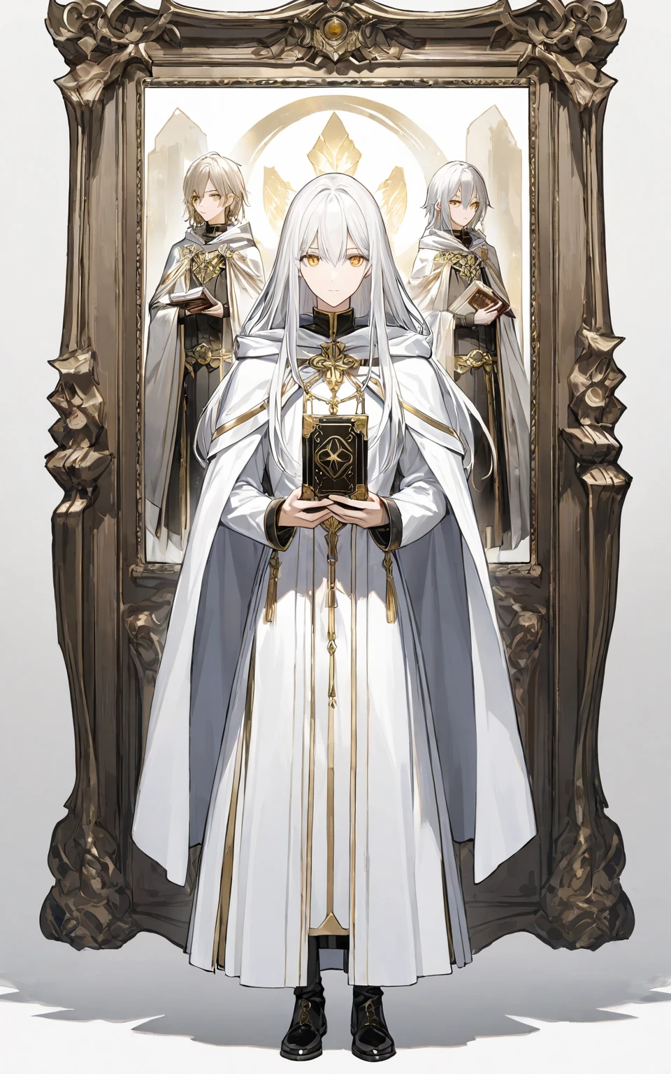 1 young man ，sacred，Holding a book with both hands， White Long Hair ， her golden eyes，Standing picture， white background，Full body portrait， Clear Clothes ，cloak