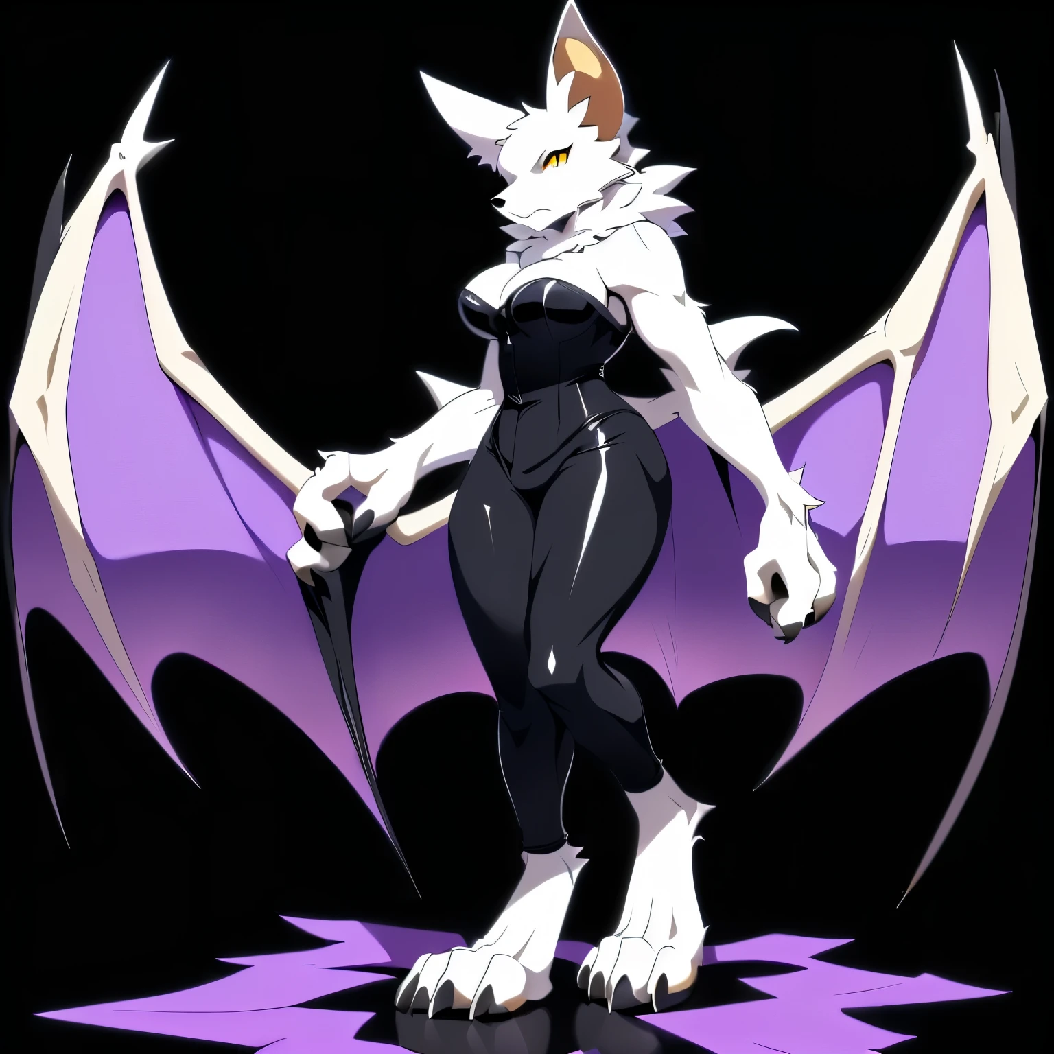 Anime, anime style, ((single person:2)), ((solo drawing:2)), ((solo:2)), ((three-quarter view)), ((Looking to the side)), ((female Anthro bat)), ((Tall figure)), ((buxom figure)), ((white skin)), clawed hands, ((clawed paws)), ((Single Pair of Wings)), ((Huge Bat Wings)), ((Purple Bat Wings:1.2)), white bat ears, ((wearing a black bustier)), ((white face)), ((neutral expression)), vivid yellow eyes, ((digitigrade legs)), ((digitigrade feet)), ((solid black background)), ((blank black background)), highly detailed anime style, clean lines, white face, short white muzzle, white furry cheeks, white furry muzzle, ((wearing black pants)), ((white foot paws)), ((foot paws with four toes)), ((Claws on paws))