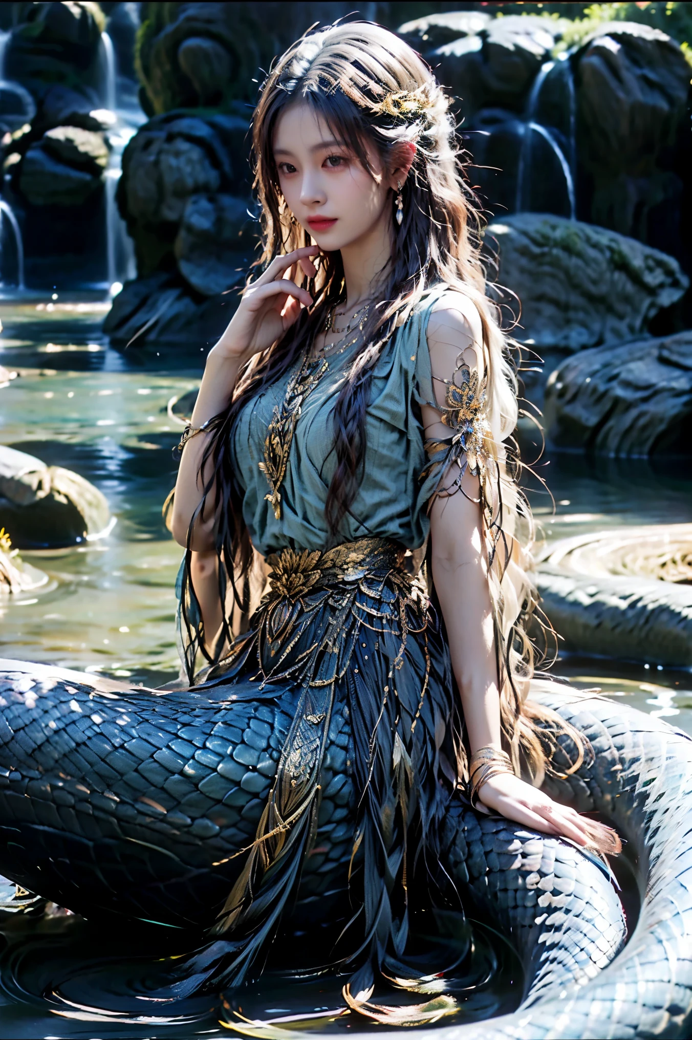 Perfect ， detailed details， a girl ，Human snake tail 