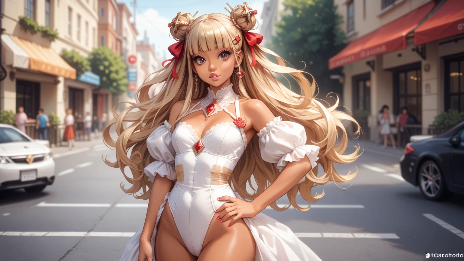 rating_safe, score_9, score_8_up, score_7_up, source_anime, masterpiece, best quality, solo, 1girl,hair , long Hair, blunt bang,big eyes ,Big eyelashes,big lip,big hips,, sexy, clevis, skinny, Hourglass Body, small waist, Cute hair accessories, hairpin, Lots of hair accessories, colorful(she is warping red packing tape around her body , ,tan ) ( she is standing hand on hips on the street, look down, cowboy view shot) ,see butt and hip best quality, high definition, anatomically correct, Very detailed, Ultra High Definition, textured skin, Sharp details,,