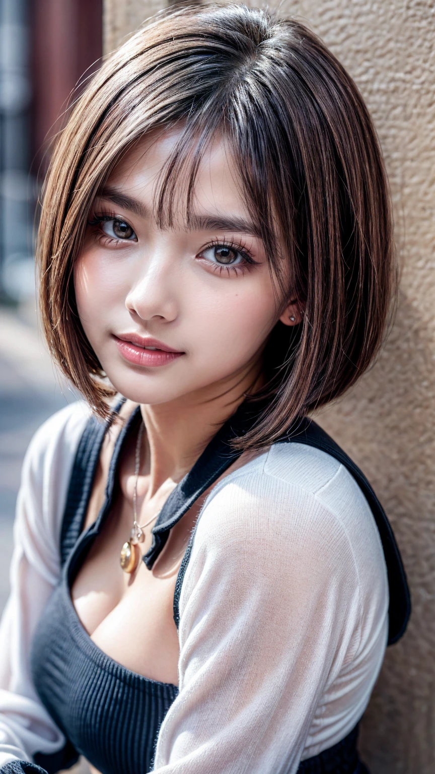 Highest quality, shape, Very detailed, finely, High resolution, 8k wallpaper, 完璧なダイナミックな構shape, Beautiful and exquisite, Natural Lip, whole body, front,Shyness、Embarrassed expression、Large Breasts、Slightly sagging breasts、Bob Cut Hair、University classroom、Pleated skirt、((looking at the camera))、Brown Hair、sweater、(((1 crossbody bag)))、ノースリーブsweater,strap between breasts, shoulder strap passes between the breasts, bag, ,((The camera shoots from the side)),