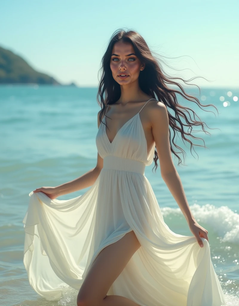 girl with dark hair, in a white dress, drowns in the sea