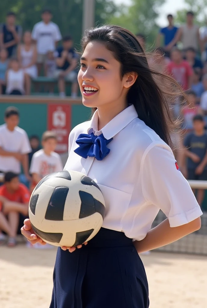 (masterpiece, best quality:1.2), from the front, a beautiful girl, (Jennifer Connelly at age 16), pure innocent face, whole body photo, she is enjoying playing volleyball with her friends., a dynamic photo, she wears in a dark blue school uniform and skirt and white shirt with a vivid blue bow tie., her tall  and beautifully feminine body line is accentuated., healthy muscular beauty, very dymanic photo, her dark long hair is flowing., her vivid body,  ANATOMICALLY CORRECT , crowds of her fans in background cheering her.,