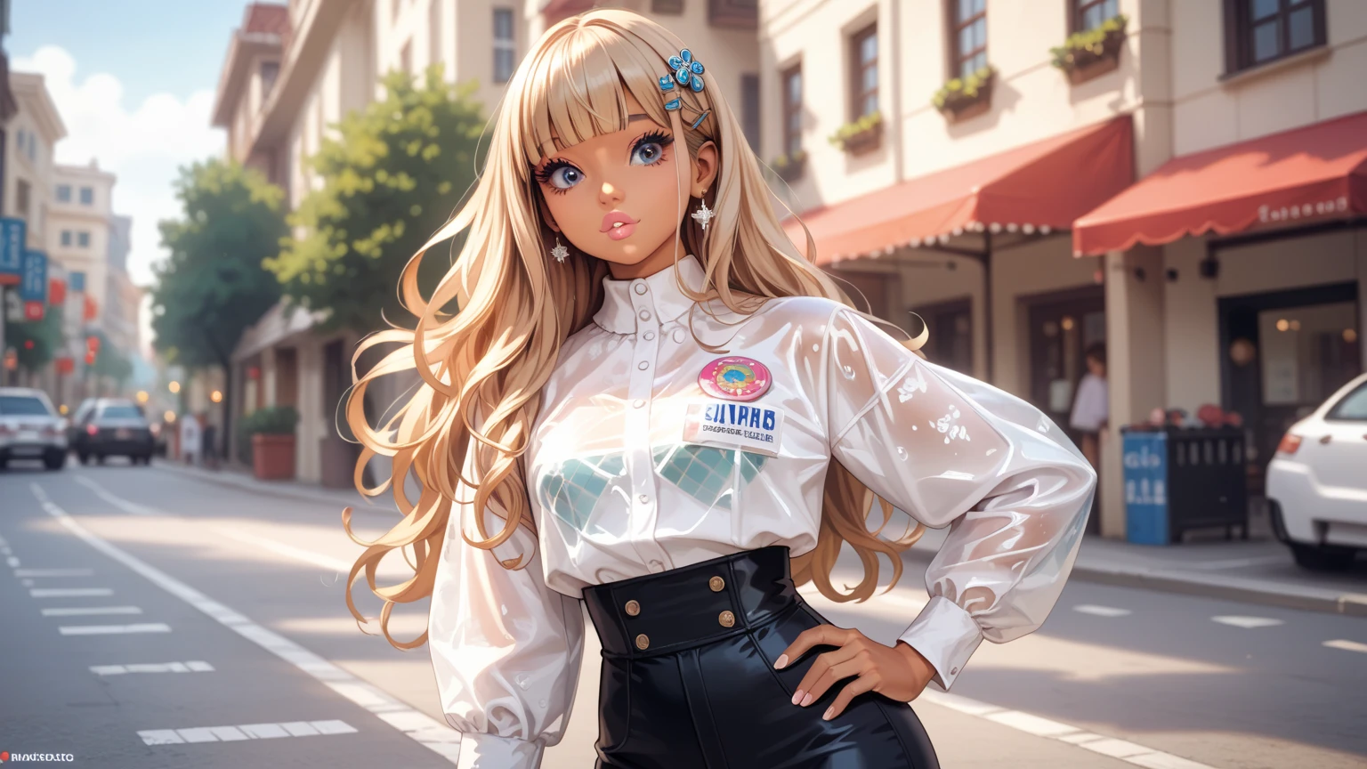 rating_safe, score_9, score_8_up, score_7_up, source_anime, masterpiece, best quality, solo, 1girl,hair , long Hair, blunt bang,big eyes ,Big eyelashes,big lip,big hips,, sexy, clevis, skinny, Hourglass Body, small waist, Cute hair accessories, hairpin, Lots of hair accessories, colorful(she is with tape on her private parts instead of clothes, ,tan ) ( she is standing hand on hips on the street, look down, cowboy view shot) ,see butt and hip best quality, high definition, anatomically correct, Very detailed, Ultra High Definition, textured skin, Sharp details,,