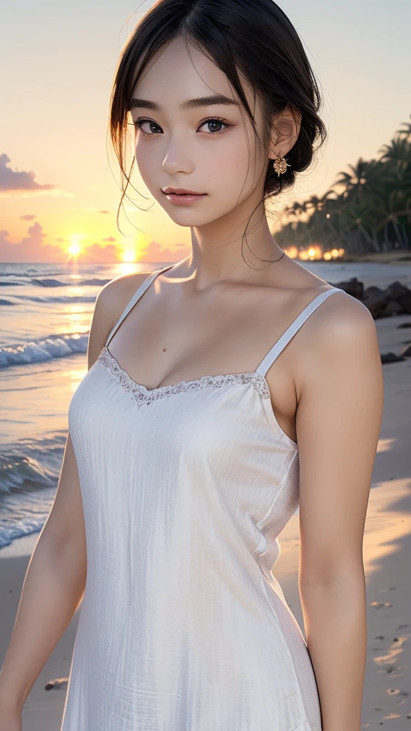 one girl, (12years old:1.4),(Very Young Face), (japan Person famous idol), face, cute face, ash gray hair:1.5, bob hair, short hair, camera's line of sight, small breasts, An ennui look, (((camisole, dress))) , particles of light, sea of ​​sunset, calm sea, white sand beach, very beautiful sunset, RAW photo, highest quality, High resolution, High resolution, masterpiece:1.3, 32k, professional photographer,(Enhances the beauty of skin texture:1.1),((Extremely precise and accurate anatomy:1.0)),Kind eyes,Graceful pose,(Beauty of form:1.4) Golden ratio, big eye,(nature's providence:1.4),