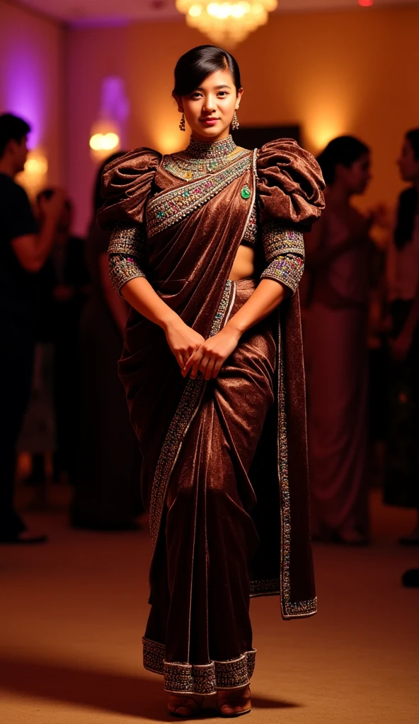 A tall, hourglass-shaped woman with a slightly fuller figure stands gracefully at a lively party, her posture confident and dignified. She faces the camera, hands straight down together in front of her, embodying poise and elegance. She wears an exquisite Indian-style outfit made from soft, dark brown pure velvet fabric, richly adorned with multicolored mirror stonework across the saree. The high-neck design adds a modern touch, while exaggerated, puffy shoulders introduce a dramatic flair, making her silhouette captivating. The outfit’s 3/4 sleeves add an extra layer of refinement, complementing the overall regal aesthetic. High heels elevate her stature, further emphasizing her poised stance and exuding an aura of sophistication and allure, captivating everyone in the room.